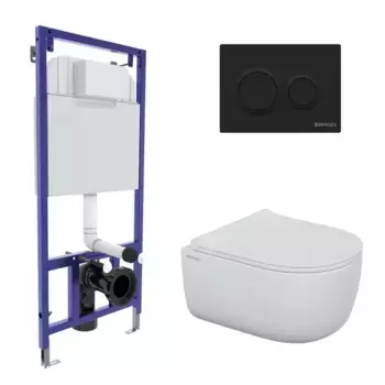 Комплект инсталляция с унитазом, крышкой и кнопкой смыва «Berges Wasserhaus» Novum 525/Ego Rimless/кнопка O5 SoftTouch черная 043311 безободковый белый