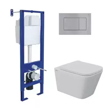 Комплект инсталляция с унитазом, крышкой и кнопкой смыва «Berges Wasserhaus» Atom/Floe S Rimless/кнопка хром 043369 безободковый белый