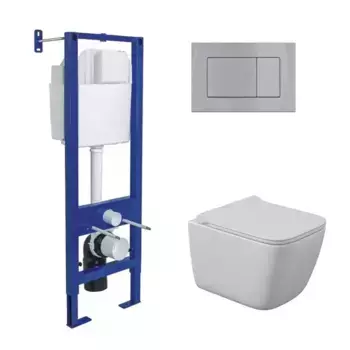 Комплект инсталляция с унитазом, крышкой и кнопкой смыва «Berges Wasserhaus» Atom/Quattro S Rimless/кнопка хром глянец 043364 безободковый белый