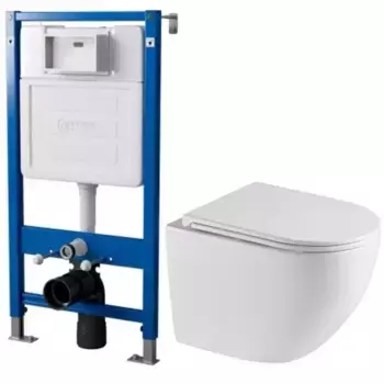 Комплект инсталляция с унитазом, крышкой и кнопкой смыва «Point» PN48316BC (инсталляция пневматическая PN45121/клавиша/унитаз Сатурн) безободковый белый