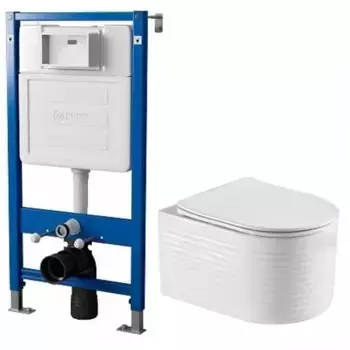 Комплект инсталляция с унитазом, крышкой и кнопкой смыва «Point» PN48320BC (пневматическая инсталляция PN45121/клавиша/унитаз Омега) безободковый белый