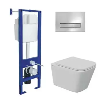 Комплект инсталляция с унитазом, крышкой и кнопкой смыва «Berges Wasserhaus» Atom Line/Floe S Rimless/кнопка глянцевый хром 043348 безободковый белый
