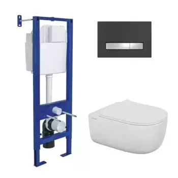Комплект инсталляция с унитазом, крышкой и кнопкой смыва «Berges Wasserhaus» Atom Line/Ego XL Rimless/кнопка чёрная/хром 043370 безободковый белый