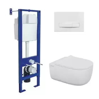 Комплект инсталляция с унитазом, крышкой и кнопкой смыва «Berges Wasserhaus» Atom Line/Ego XL Rimless/кнопка белая 043358 безободковый белый