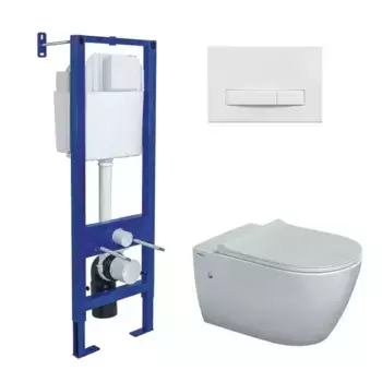 Комплект инсталляция с унитазом, крышкой и кнопкой смыва «Berges Wasserhaus» Atom Line/Mascon Rimless/кнопка белая 043352 безободковый белый