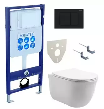 Комплект инсталляция с унитазом, крышкой и кнопкой смыва «Акватек» Set Aquatek Классик-012 4в1 (инсталляция/унитаз с сиденьем/клавиша/крепеж/звукоизоляционная прокладка) безободковый белый
