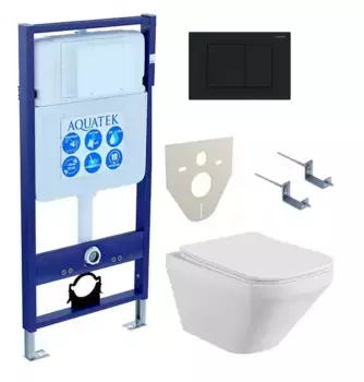 Комплект инсталляция с унитазом, крышкой и кнопкой смыва «Акватек» Set Aquatek Лира-012 4в1 (инсталляция/унитаз с сиденьем/клавиша/крепеж/звукоизоляционная прокладка) безободковый белый