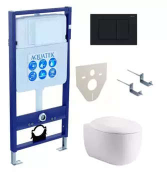 Комплект инсталляция с унитазом, крышкой и кнопкой смыва «Акватек» Set Aquatek Альтаир cm-012 4в1 (инсталляция/унитаз с сиденьем/крепеж/звукоизоляционная прокладка) безободковый белый