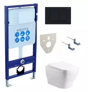 Комплект инсталляция с унитазом, крышкой и кнопкой смыва «Акватек» Set Aquatek Амадео cm-012 4в1 (инсталляция/унитаз с сиденьем/крепеж/звукоизоляционная прокладка) безободковый белый