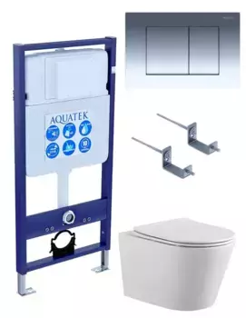 Комплект инсталляция с унитазом, крышкой и кнопкой смыва «Акватек» Set Aquatek Вега-010 4в1 (инсталляция/унитаз с сиденьем/крепеж/звукоизоляционная прокладка) безободковый белый