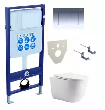 Комплект инсталляция с унитазом, крышкой и кнопкой смыва «Акватек» Set Aquatek Классик cm-010 4в1 (инсталляция/унитаз с сиденьем/крепеж/звукоизоляционная прокладка) безободковый белый