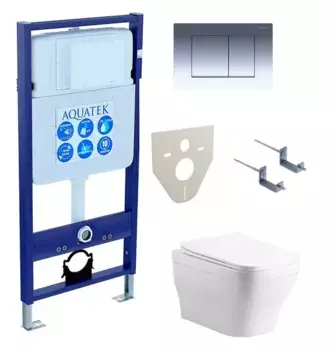 Комплект инсталляция с унитазом, крышкой и кнопкой смыва «Акватек» Set Aquatek Амадео cm-010 4в1 (инсталляция/унитаз с сиденьем/крепеж/звукоизоляционная прокладка) безободковый белый