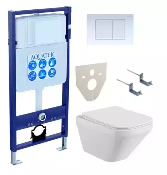 Комплект инсталляция с унитазом, крышкой и кнопкой смыва «Акватек» Set Aquatek Лира-009 4в1 (инсталляция/унитаз с сиденьем/клавиша/крепеж/звукоизоляционная прокладка) безободковый белый