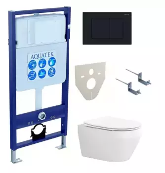 Комплект инсталляция с унитазом, крышкой и кнопкой смыва «Акватек» Set Aquatek Лея-012 4в1 (инсталляция/клавиша/унитаз с сиденьем/крепеж/звукоизоляционная прокладка) безободковый белый