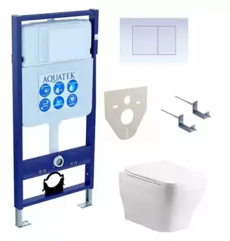 Комплект инсталляция с унитазом, крышкой и кнопкой смыва «Акватек» Set Aquatek Амадео cm-009 4в1 (инсталляция/унитаз с сиденьем/крепеж/звукоизоляционная прокладка) безободковый белый