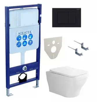 Комплект инсталляция с унитазом, крышкой и кнопкой смыва «Акватек» Set Aquatek Амадео-012 4в1 (инсталляция/унитаз с сиденьем/крепеж/звукоизоляционная прокладка) безободковый белый