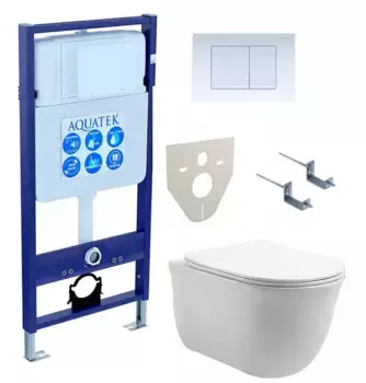 Комплект инсталляция с унитазом, крышкой и кнопкой смыва «Акватек» Set Aquatek Классик-009 4в1 (инсталляция/унитаз с сиденьем/клавиша/крепеж/звукоизоляционная прокладка) безободковый белый