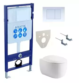 Комплект инсталляция с унитазом, крышкой и кнопкой смыва «Акватек» Set Aquatek Альтаир cm-009 4в1 (инсталляция/клавиша/унитаз с сиденьем/крепеж/звукоизоляционная прокладка) безободковый белый