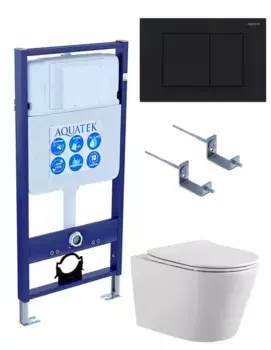 Комплект инсталляция с унитазом, крышкой и кнопкой смыва «Акватек» Set Aquatek Вега-012 4в1 (инсталляция/унитаз с сиденьем/крепеж/звукоизоляционная прокладка/клавиша) безободковый белый