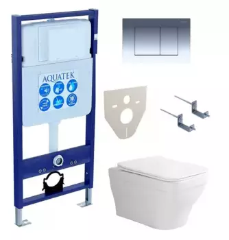 Комплект инсталляция с унитазом, крышкой и кнопкой смыва «Акватек» Set Aquatek Амадео-010 4в1 (инсталляция/унитаз с сиденьем/крепеж/звукоизоляционная прокладка) безободковый белый