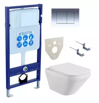 Комплект инсталляция с унитазом, крышкой и кнопкой смыва «Акватек» Set Aquatek Лира-010 4в1 (инсталляция/унитаз с сиденьем/клавиша/крепеж/звукоизоляционная прокладка) безободковый белый