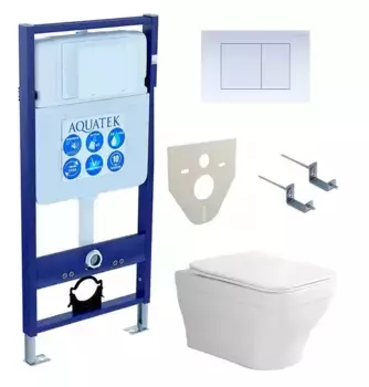 Комплект инсталляция с унитазом, крышкой и кнопкой смыва «Акватек» Set Aquatek Амадео-009 4в1 (инсталляция/унитаз с сиденьем/крепеж/звукоизоляционная прокладка) безободковый белый