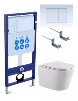 Комплект инсталляция с унитазом, крышкой и кнопкой смыва «Акватек» Set Aquatek Вега-009 4в1 (инсталляция/клавиша/унитаз с сиденьем/крепеж/звукоизоляционная прокладка) безободковый белый