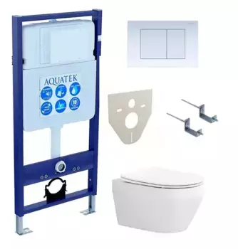 Комплект инсталляция с унитазом, крышкой и кнопкой смыва «Акватек» Set Aquatek Лея-009 4в1 (инсталляция/клавиша/унитаз с сиденьем/крепеж/звукоизоляционная прокладка) безободковый белый