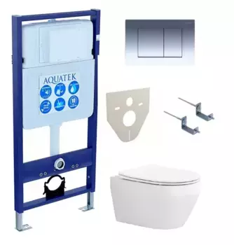 Комплект инсталляция с унитазом, крышкой и кнопкой смыва «Акватек» Set Aquatek Лея-010 4в1 (инсталляция/клавиша/унитаз с сиденьем/крепеж/звукоизоляционная прокладка) безободковый белый