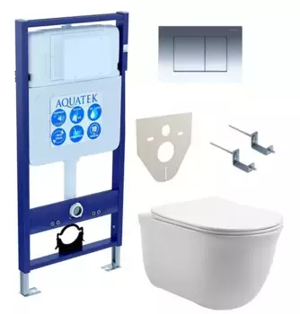Комплект инсталляция с унитазом, крышкой и кнопкой смыва «Акватек» Set Aquatek Классик-010 4в1 (инсталляция/унитаз с сиденьем/клавиша/крепеж/звукоизоляционная прокладка) безободковый белый