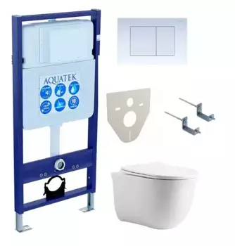 Комплект инсталляция с унитазом, крышкой и кнопкой смыва «Акватек» Set Aquatek Классик cm-009 4в1 (инсталляция/унитаз с сиденьем/крепеж/звукоизоляционная прокладка) безободковый белый