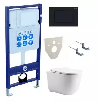 Комплект инсталляция с унитазом, крышкой и кнопкой смыва «Акватек» Set Aquatek Классик cm-012 4в1 (инсталляция/унитаз с сиденьем/крепеж/звукоизоляционная прокладка) безободковый белый