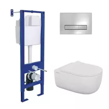 Комплект инсталляция с унитазом, крышкой и кнопкой смыва «Berges Wasserhaus» Atom Line/Ego XL Rimless/кнопка хром глянец 043356 безободковый белый