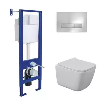 Комплект инсталляция с унитазом, крышкой и кнопкой смыва «Berges Wasserhaus» Atom Line/Quattro S Rimless/кнопка хром глянец 043361 безободковый белый