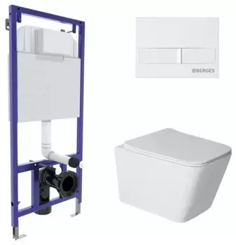 Комплект инсталляция с унитазом, крышкой и кнопкой смыва «Berges Wasserhaus» Novum Sigma Rimles безободковый