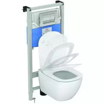 Комплект инсталляция с унитазом, крышкой и кнопкой смыва «Ideal Standard» Tessi T387201 безободковый белый/хром