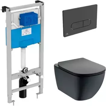 Комплект инсталляция с унитазом, крышкой и кнопкой смыва «Ideal Standard» Tesi Aqua Blade T3868V3/115A6 безободковый черный
