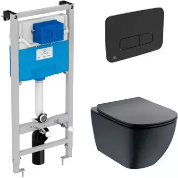 Комплект инсталляция с унитазом, крышкой и кнопкой смыва «Ideal Standard» Tesi Aqua Blade T3868V3/123A6 безободковый черный