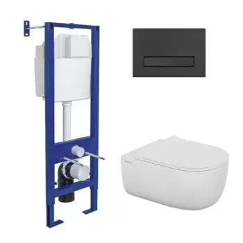 Комплект инсталляция с унитазом, крышкой и кнопкой смыва «Berges Wasserhaus» Atom Line/Ego XL Rimless/кнопка чёрная SoftTouch 043357 безободковый белый