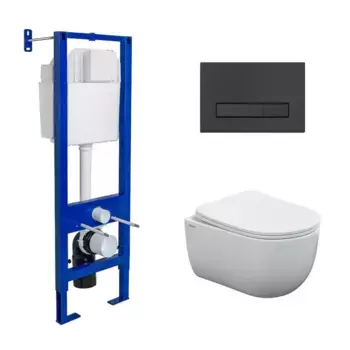 Комплект инсталляция с унитазом, крышкой и кнопкой смыва «Berges Wasserhaus» Atom Line 410/Ventas/кнопка чёрная SoftTouch 043306 безободковый белый