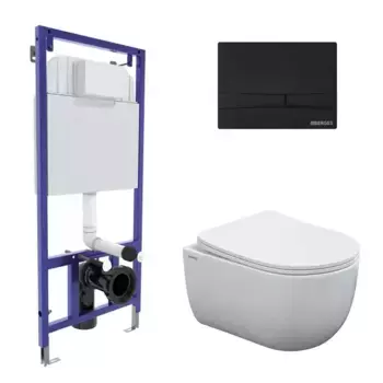 Комплект инсталляция с унитазом, крышкой и кнопкой смыва «Berges Wasserhaus» Novum/Ventas Rimless/кнопка F5 Soft Touch ч`рная 043344 безободковый белый