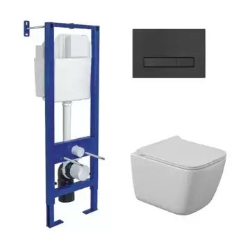 Комплект инсталляция с унитазом, крышкой и кнопкой смыва «Berges Wasserhaus» Atom Line/Quattro S Rimless/кнопка чёрная SoftTouch 043362 безободковый белый
