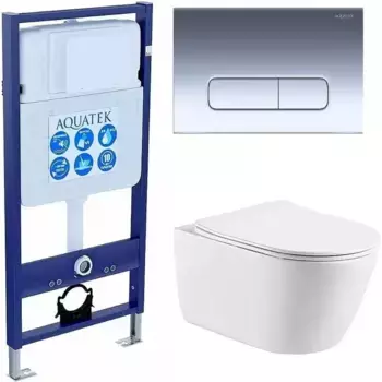Комплект инсталляция с унитазом, крышкой и кнопкой смыва «Акватек» INS-0000012/KDI-0000016/KKI-0000002/AQ1363W-00 безободковый белый