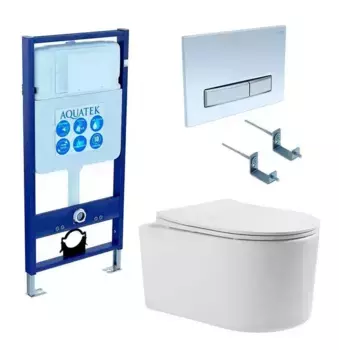 Комплект инсталляция с унитазом, крышкой и кнопкой смыва «Акватек» Set Aquatek Мия 4в1 безободковый белый