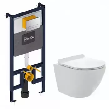 Комплект инсталляция с унитазом, крышкой и кнопкой смыва «AQUAme» AQM42002CR безободковый белый