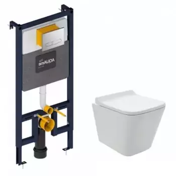 Комплект инсталляция с унитазом, крышкой и кнопкой смыва «AQUAme» AQM42004CR безободковый белый