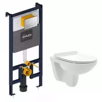 Комплект инсталляция с унитазом, крышкой и кнопкой смыва «AQUAme» AQM42008CR безободковый белый