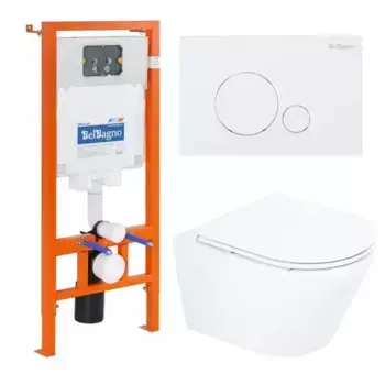 Комплект инсталляция с унитазом, крышкой и кнопкой смыва «Belbagno» Tre BB8001CHR/SC/BB002-80/BB014-SR-BIANCO безободковый белый