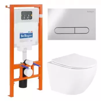 Комплект инсталляция с унитазом, крышкой и кнопкой смыва «Belbagno» Uno BB3105CHR/SC/BB002-80/BB005-PR-CHROME безободковый белый
