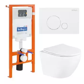 Комплект инсталляция с унитазом, крышкой и кнопкой смыва «Belbagno» Uno BB3105CHR/SC/BB002-80/BB014-SR-BIANCO безободковый белый